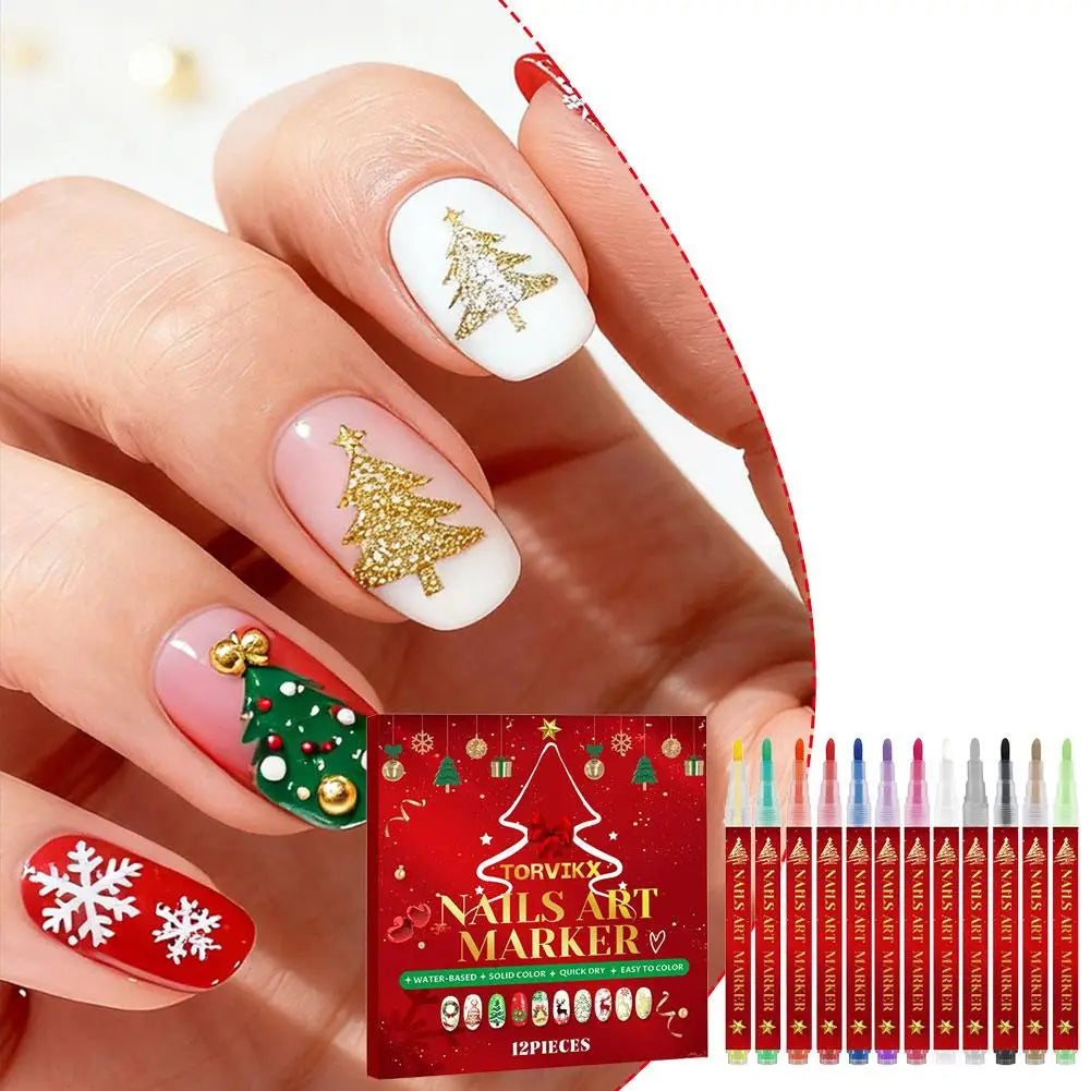 12-Piece Christmas Nail Art Pen Set – Fine Tip Quick-Dry