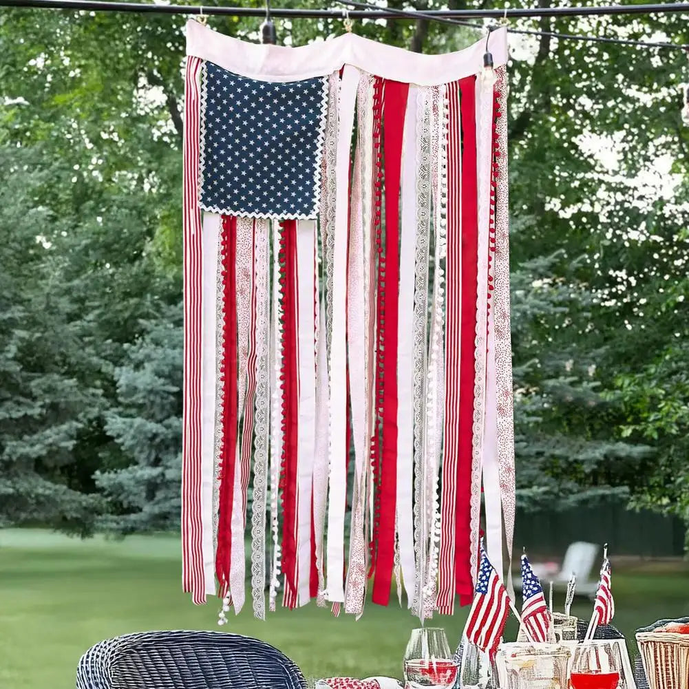 4th of July USA Flag Fringe Banner with LED Lights – 50"×27"