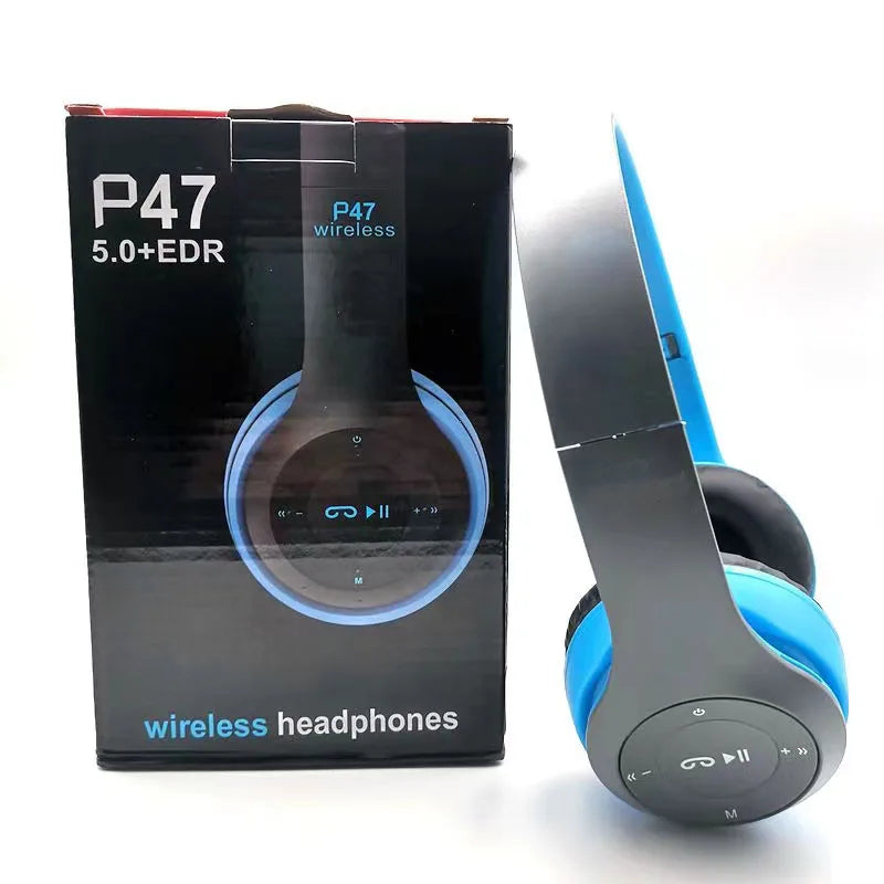 Stereo P47 Headset 5.0 Bluetooth Headset Folding Series Wireless Sports Game Headset for iPhone XiaoMi Oasis Select Blue