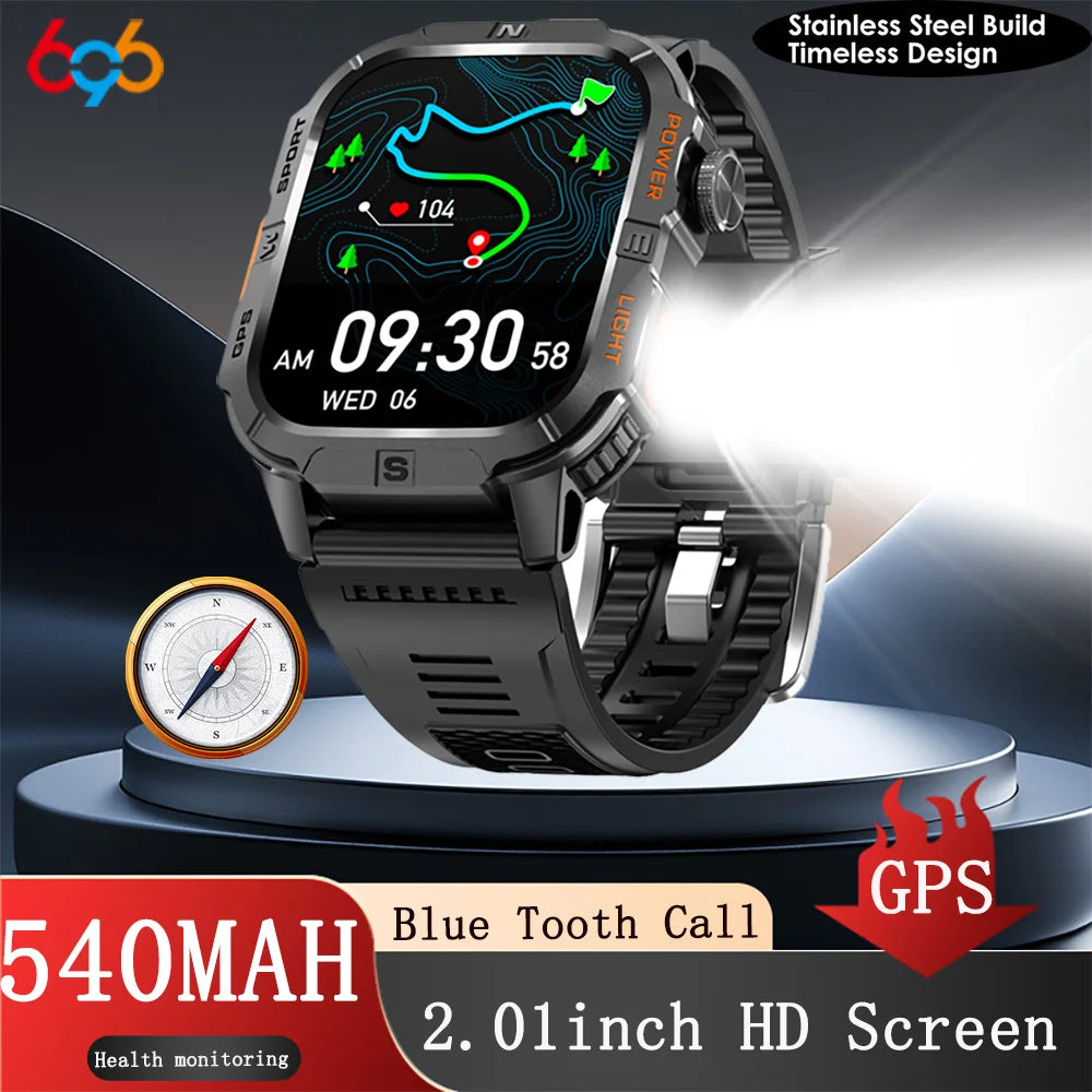 GPS Smart Watch Compass Flashlight Smartwatch Man Lady Outdoor Music Sports Heart Rate Health Blue Tooth Call Waterproof 540mah Oasis Select