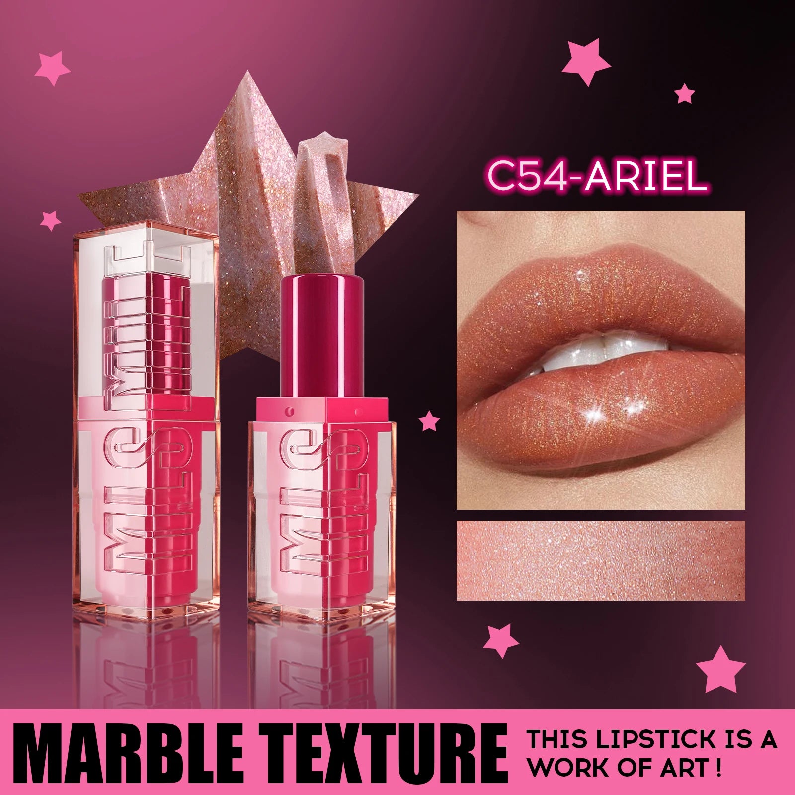 MLSMILE Spiral Star Glitter Marble Lipstick – Matte & Pearlescent
