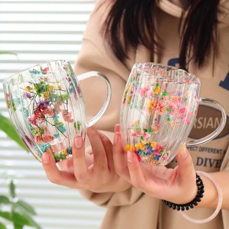 Borosilicate Double-Wall Ribbed Glass Mug, Dried-Flower Heatproof Lovely Cup for Coffee & Tea, Home&Office Gift, Handwash Oasis Select