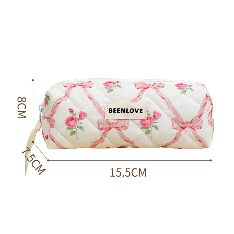Bow Flower Quilted Makeup Bag – Zipper Cosmetic Organizer