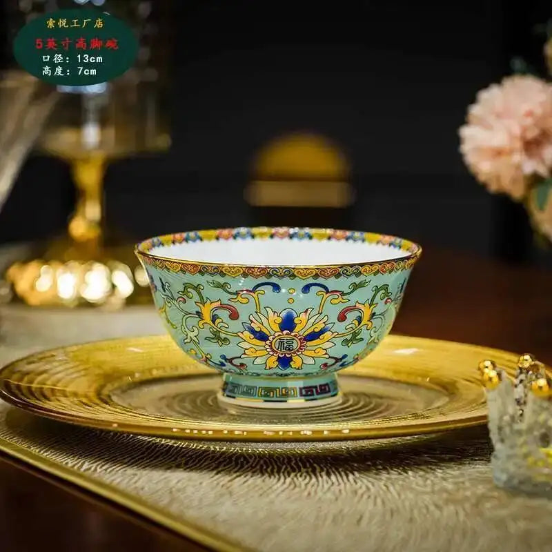 Bone China Dining Bowl Enamel Colored Chinese High Footed Rice Noodles Soup Bowl Tablewear Oasis Select 5inHigh Bowl-3