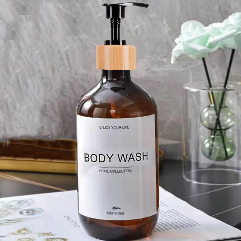 Bathroom Shampoo Dispenser Set 500ml Conditioner Body Wash Bottles Refillable Dispenser Farmhouse Decoration Storage Bottles Oasis Select Brown-B