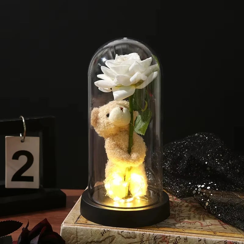 Eternal Rose in Glass Dome Artificial Flower with Bear Desk Accessories Christmas Valentine's Day Gifts Party Favors Oasis Select White