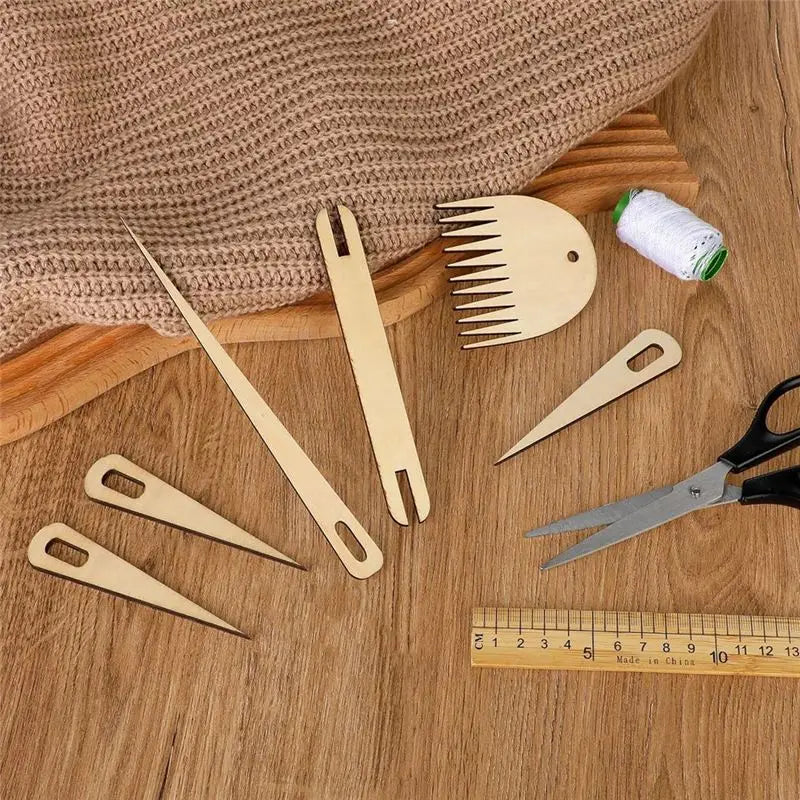 LIKE WISH 7Pack Wood Hand Loom Stick Set Include 1Pcs Wooden Shuttle 1Pcs Wood Weaving Comb Oasis Select