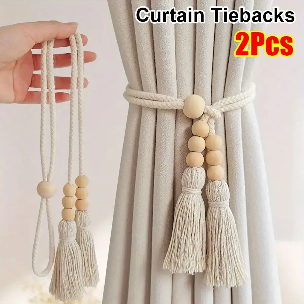 2Pcs Curtain Tiebacks with Tassels Fixed Nordic Curtain Tying Rope Wooden Bead Simple Curtain Hooks Bundle Bags Storage Buckle Oasis Select