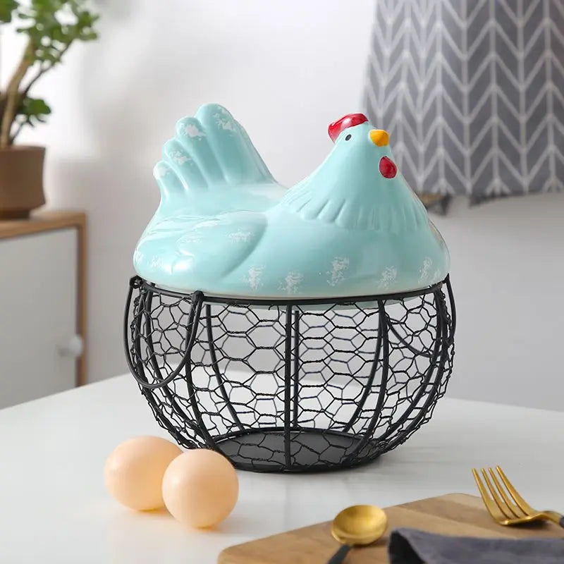 Ceramic Egg Baskets Fruit Baskets Sundries Blue Ceramic Kitchen Shelves Creative Storage Iron Woven Baskets Ironwork Storage Oasis Select M blue