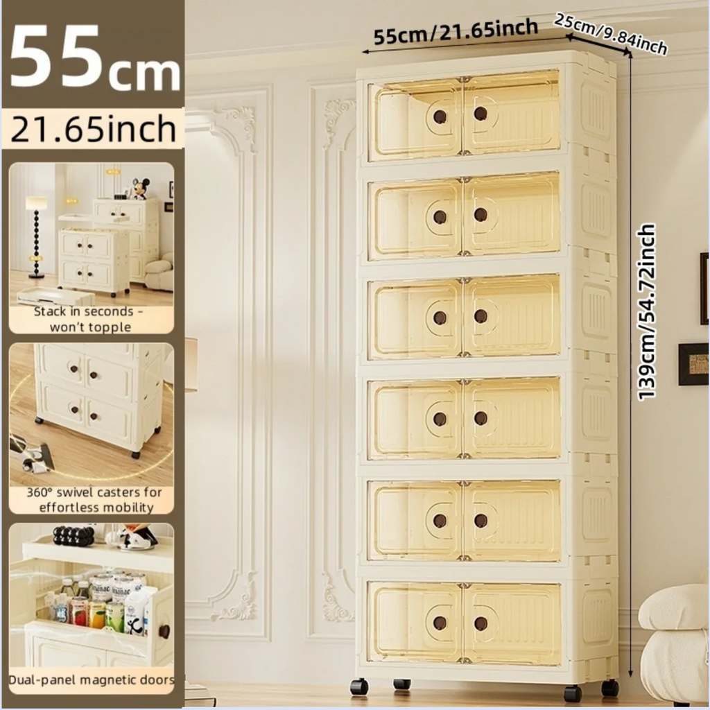 55cm Foldable Large Double-Door Storage Cabinet with Swivel Casters,3-6 Tier,Bedroom/Kitchen/Living Room Oasis Select Yellow-6-Layers