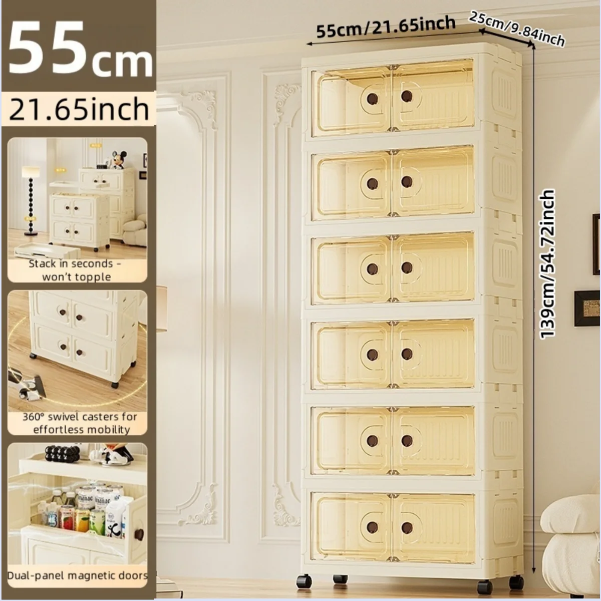 55cm Foldable Large Double-Door Storage Cabinet with Swivel Casters,3-6 Tier,Bedroom/Kitchen/Living Room Oasis Select Yellow-6-Layers