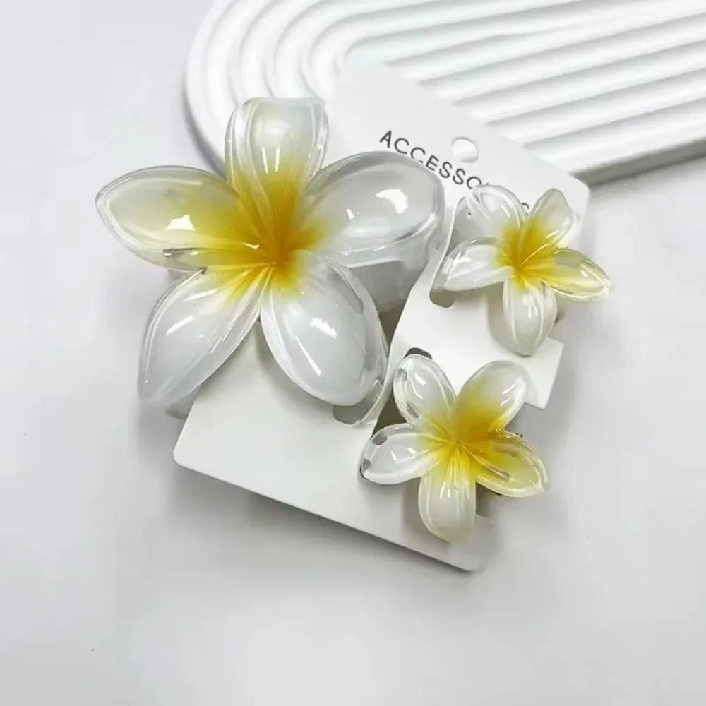 3Pcs/Set New Gradient Hair Claws Sweet Flower Plumeria Flower Hawaiian Flower Hair Clip Clamp Acrylic Hair Accessories Summer Oasis Select White