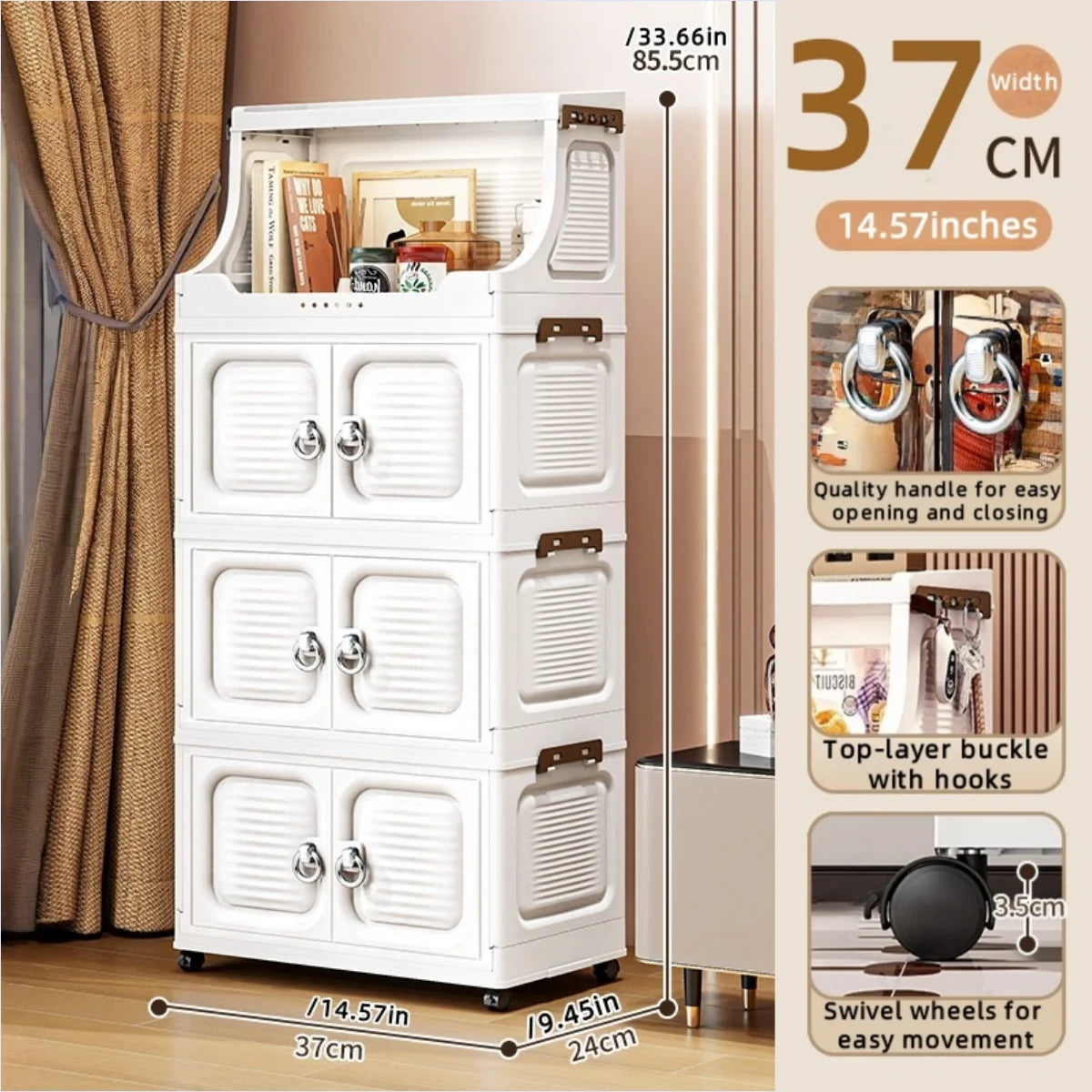 37cm Foldable Double-Door Storage Cabinet-Large Capacity Mobile Organizer with Wheels for Kitchen, Bedroom,Living Room Storage Oasis Select 4 Layers White