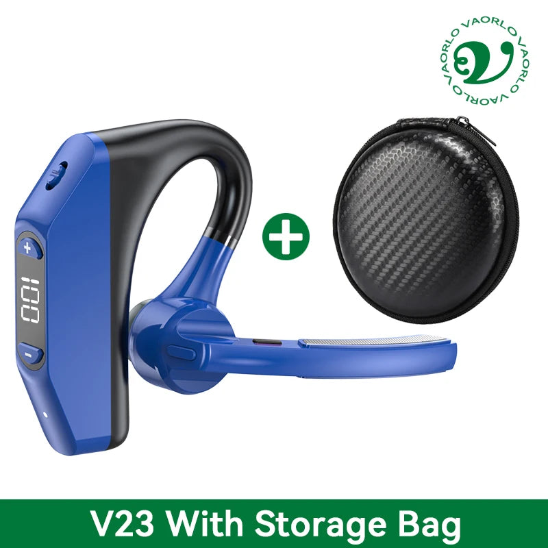 Bluetooth Business Earphones Talk/Music Time 20/30 Hours LED Digital Display With MlC Noice Cancelling Wireless Headset Oasis Select V23 Blue With Bag