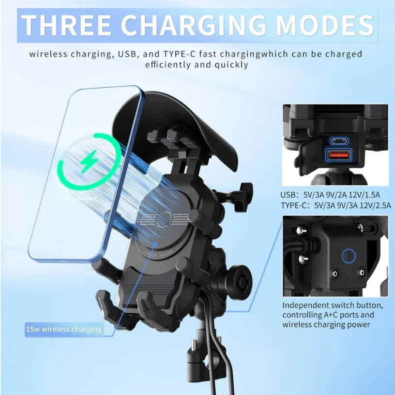 Fast Charging 15W Wireless Charger Shockproof Motorcycle Phone Holder 18W USB & 30W Type C Motorbike Bicycle Bike Scooter Stand Oasis Select