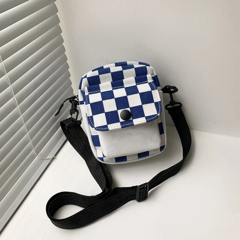 Men Sports Messenger Bag Adjustable Strap Daily Commute Travel Essential Mini Checkered Square Design With Front Fashion Pocket Oasis Select Blue