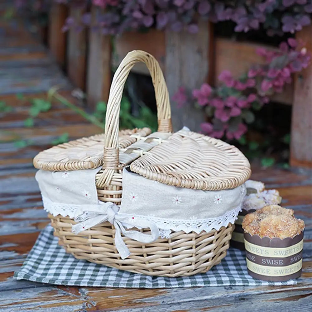 Handmade Wicker Basket With Handle Picnic Food Basket With Lid Hand-Woven Multi-Purpose Wicker Tray Desktop Decor Storage Box Oasis Select