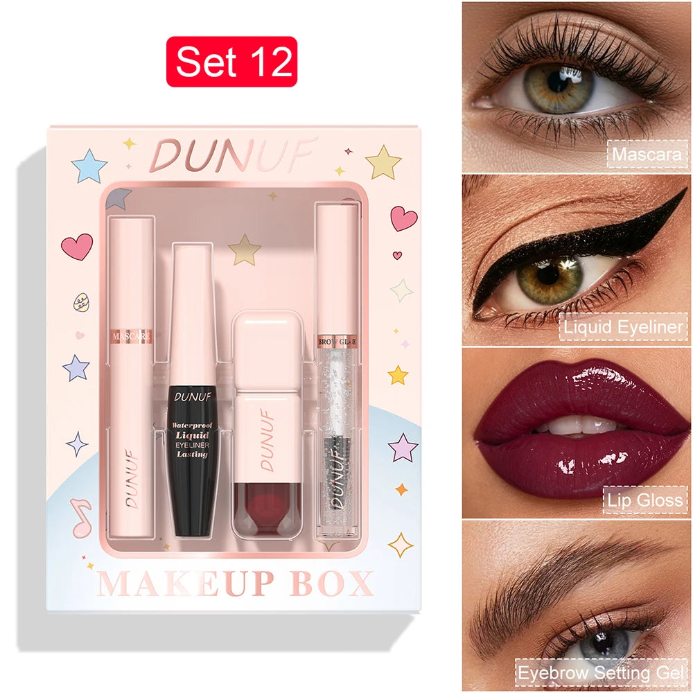 DUNUF 4-in-1 Makeup Gift Set Waterproof Long-Lasting Mascara Liquid Eyeliner Brow Setting Gel Moisturizing Lip Gloss with Mirror Oasis Select 12