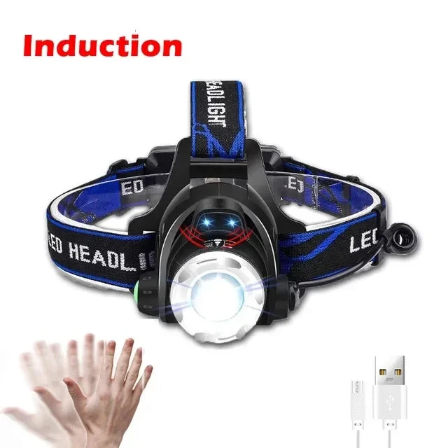 Powerful LED Induction Headlamp USB/DC Rechargeable Headlight Aluminium Alloy Outdoor Fishing Head Lamp High Lumen Head Torch Oasis Select Sensor