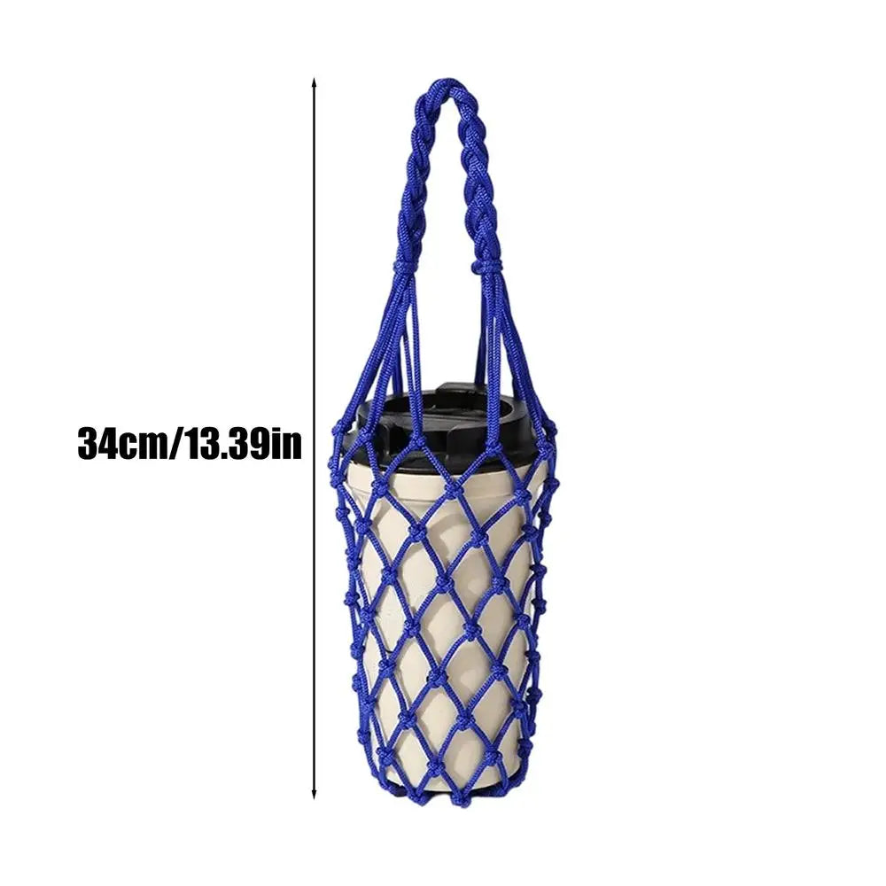Water Bottle Bag Hand Woven Mesh Bag Reusable Hollow Out Water Cup Bag Handheld Kettle Bag for Camping Hiking Picnic Travel Oasis Select Blue