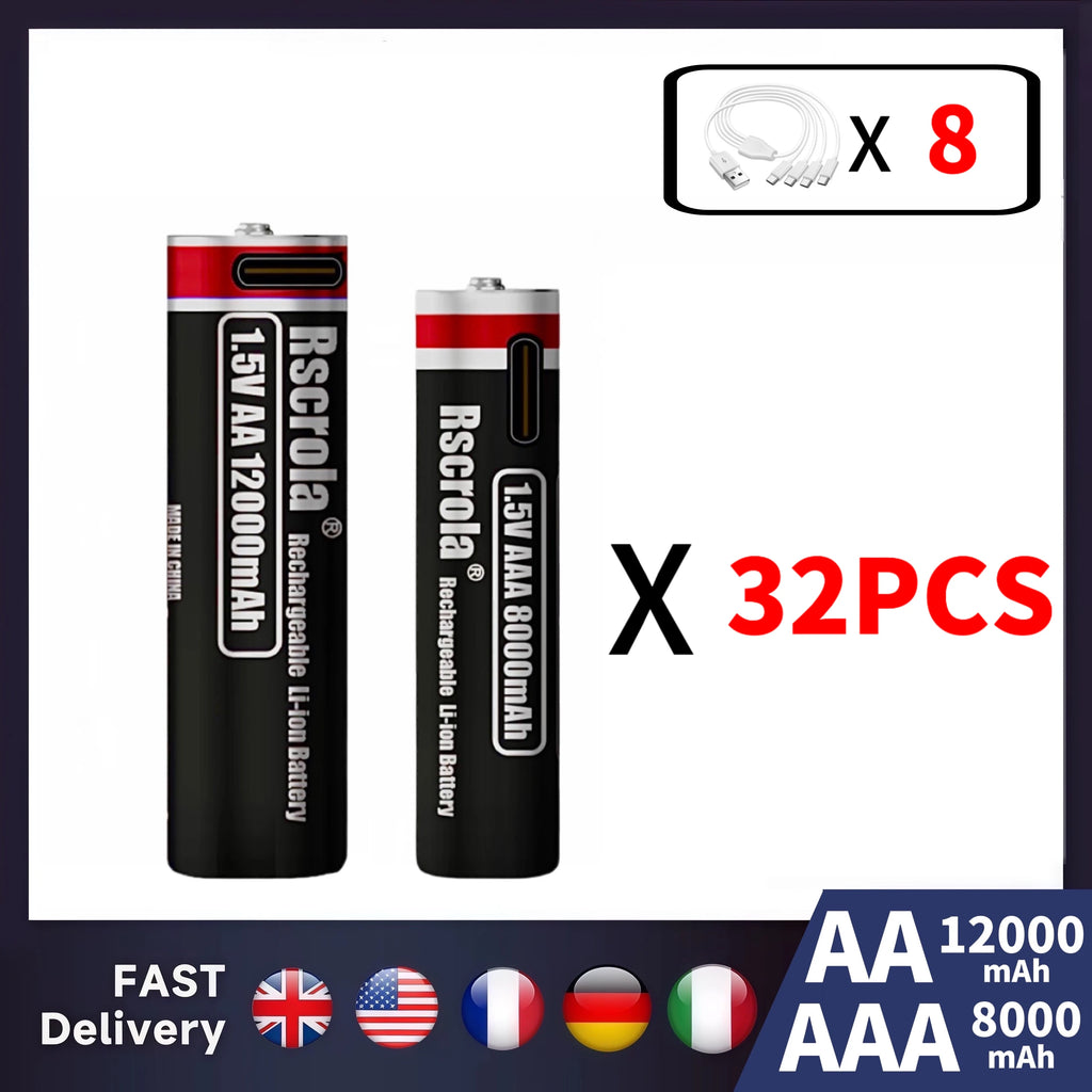 New 1.5V Li-ion AA12000mAh&AAA 8000mAh Rechargeable Batteries USB Lithium-ion Suitable for mouse, flashlight, keyboard monitorin Oasis Select 32AA-32AAA 1.5V