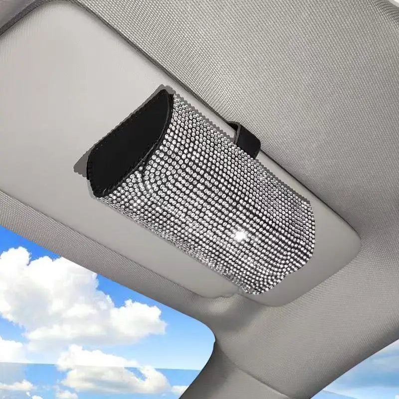 Bling Rhinestone Car Glasses Case Sunglasses Storage Box Crystal Auto Interior Accessories Sun Visor Organizer Glasses Holder Oasis Select White