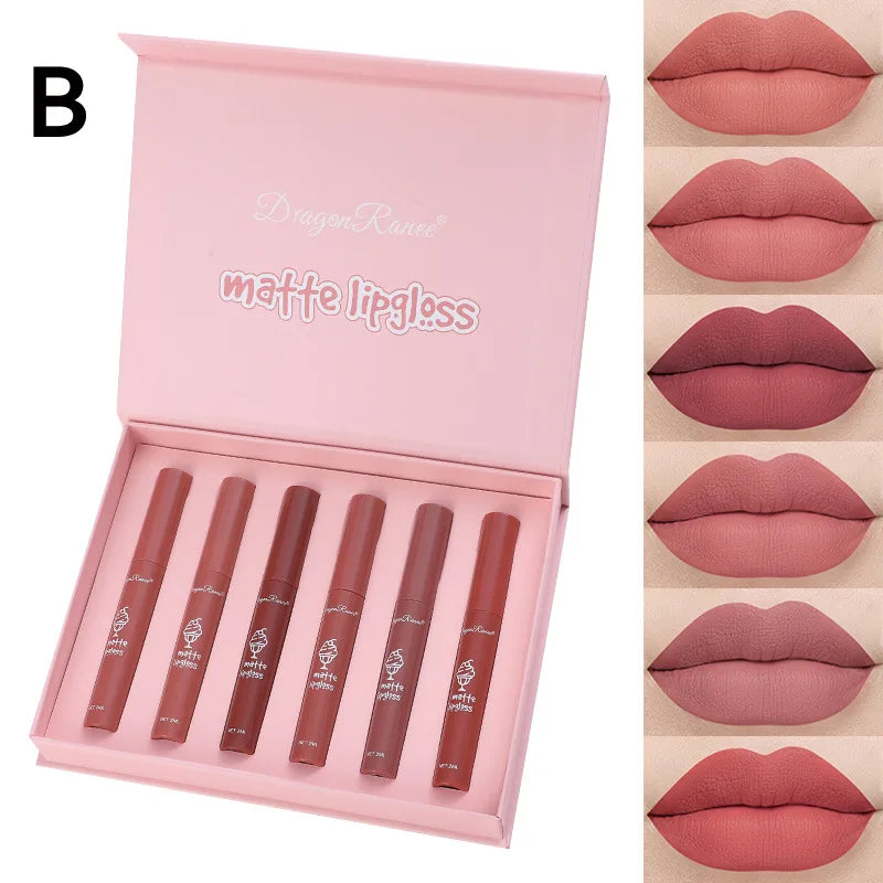 Dragon Ranee 6-Color Velvet Matte Lip Gloss Set – Long-Lasting