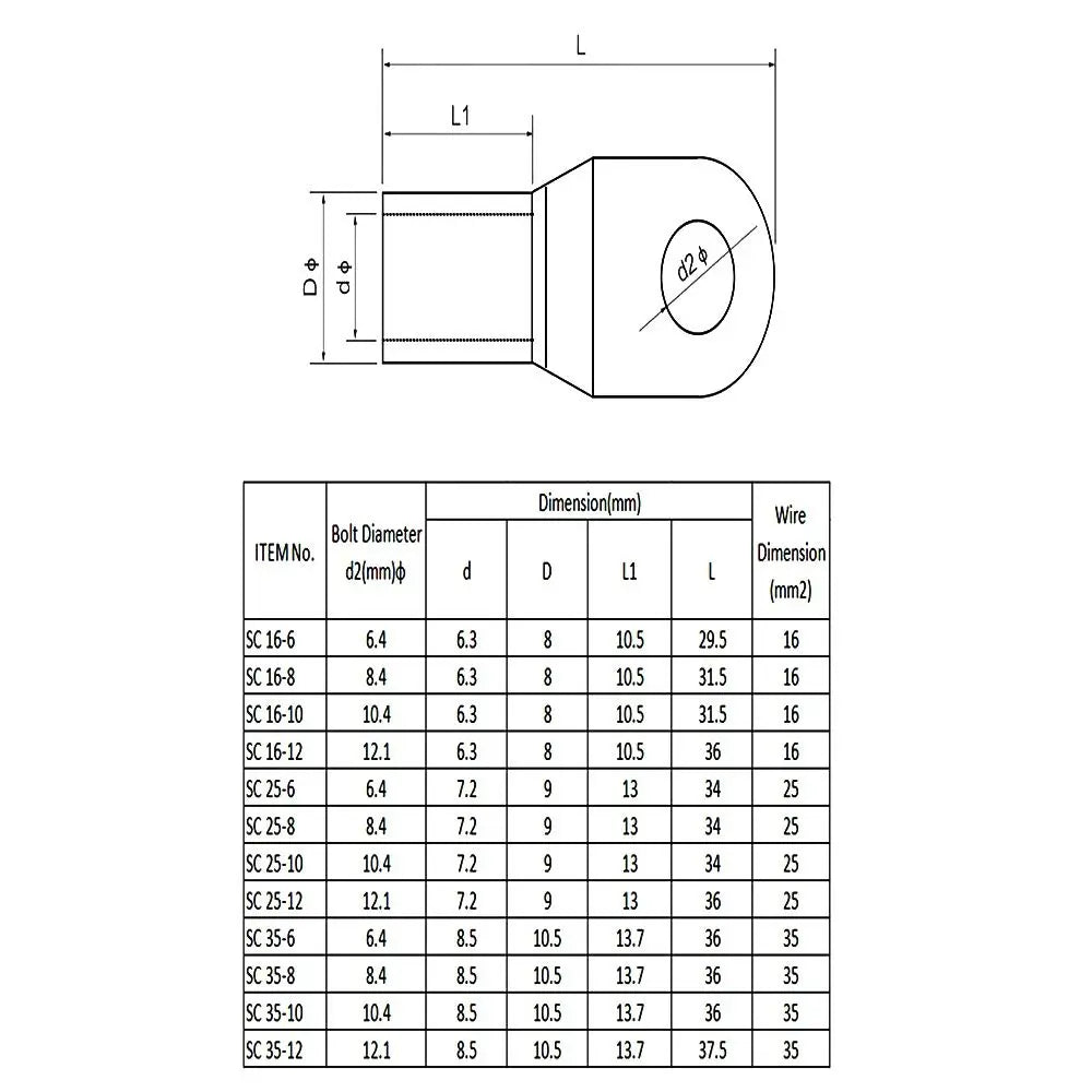 10Pcs 16-35mm2 6mm 8mm 10mm Cable Connector Kit SC Type Wire Nose Terminal Crimp SC16-6 SC25-6 SC35-6 Bolt Hole Tinned Lugs Ring Oasis Select