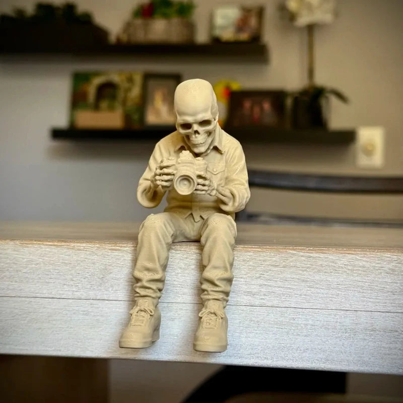 Spooky Skeleton Photographer Mini Figurines Sitting Ornaments Decorations for Desktop Bookshelves Gothic Home Photographer Gifts Oasis Select