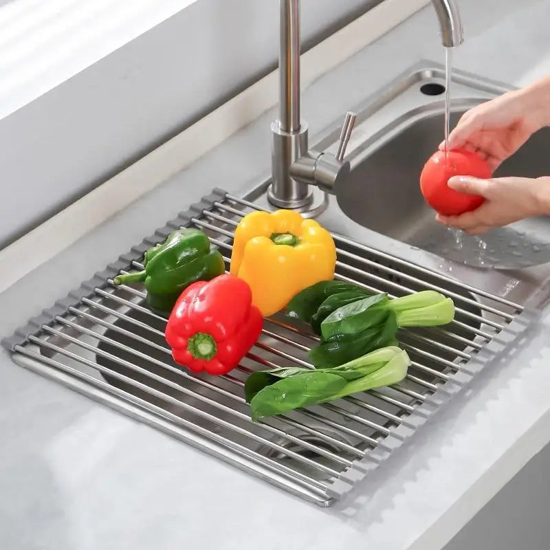 Rollable Foldable Rustproof Stainless Steel Sink Drying Rack Durable Dish Drain Holder for Kitchen Storage Organizer Oasis Select
