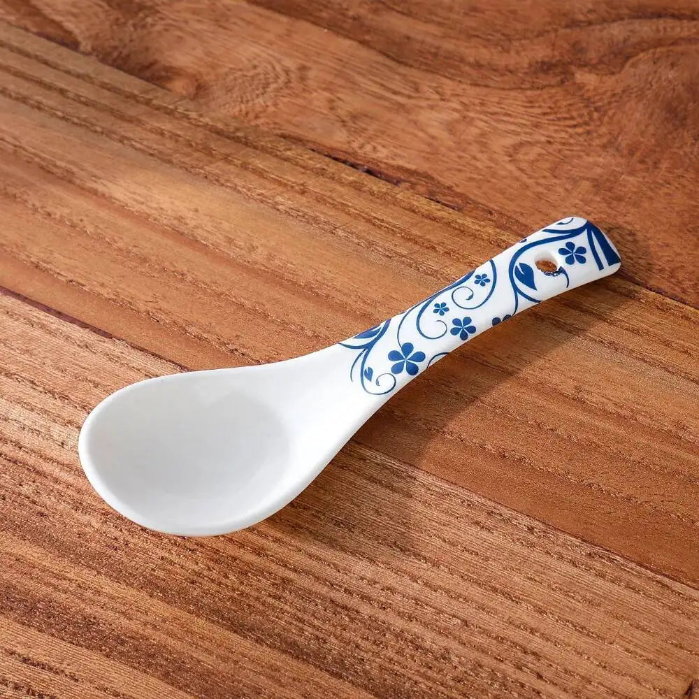 Japanese-style Blue And White Porcelain Small Soup Spoon Ceramic Rice Spoon Household Soup Spoon Kitchen Spoon Kitchen Tablewear Oasis Select Uncaria Flower
