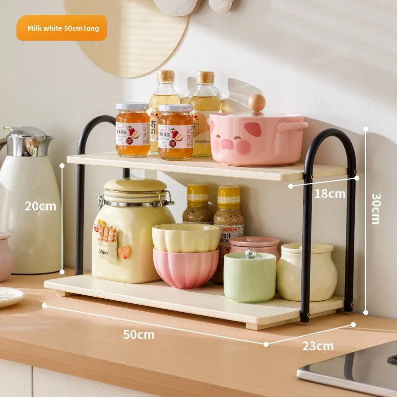 Double-layer kitchen seasoning rack rack household seasoning salt tank multi-functional multi-layer storage rack Oasis Select Milk white 50 long