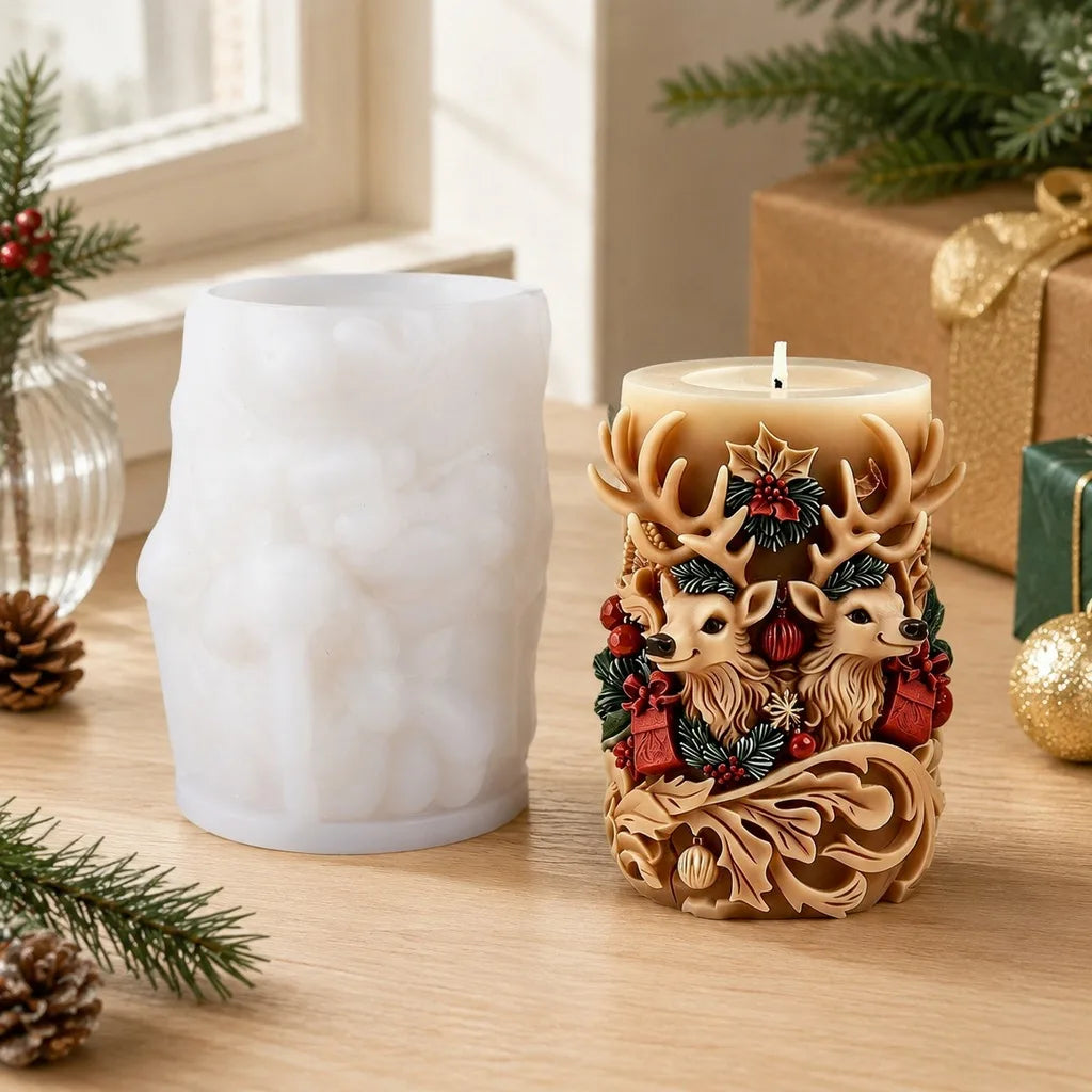 Double Deer Candle Mold Flexible Christmas Candle Mold Cylindrical Silicone Candle Mold Soft For Christmas Home Decoration Oasis Select