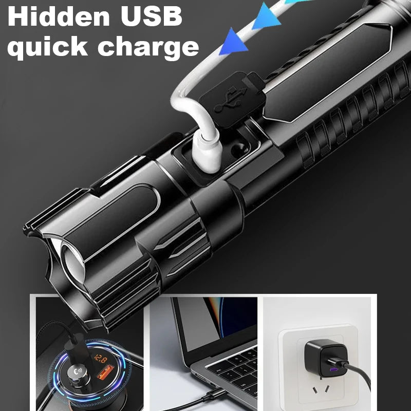 Portable Strong Light LED Flashlight Rechargeable Telescopic Zoom Torch Safety Emergency Light for Outdoor Camping Cycling Lamp Oasis Select