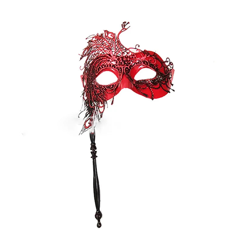 Venetian Masquerade Mask with Holding Stick for Women Feather Mardi Gras Masks Masquerade Ball Masks for Women Oasis Select Red