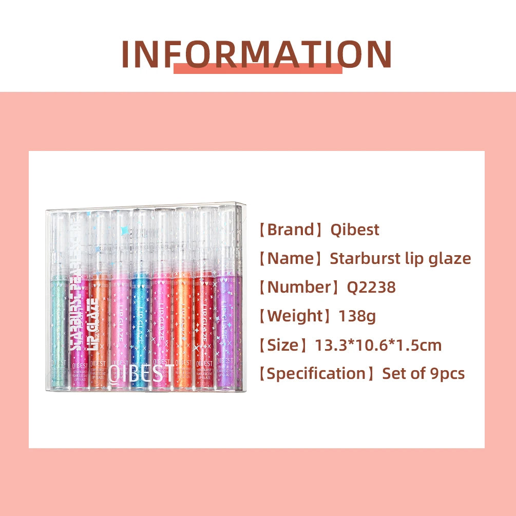 QiBest 9-Pc Glitter Lip Gloss Set – Pearlescent Liquid Lipstick