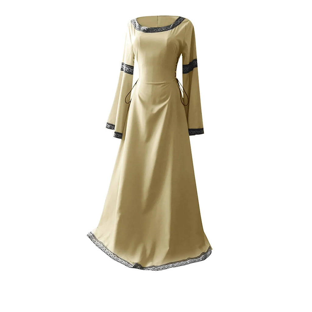 Women's Medieval Renaissance Trumpet Sleeve Lace Maxi Gown Renaissance Costume Dress Oasis Select Beige XXL