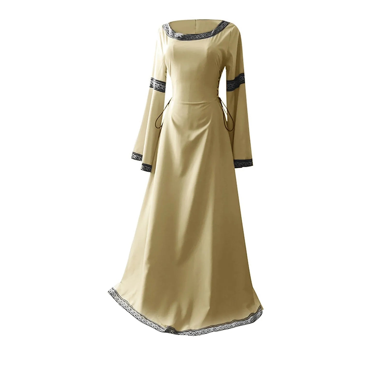 Women's Medieval Renaissance Trumpet Sleeve Lace Maxi Gown Renaissance Costume Dress Oasis Select Beige XXL