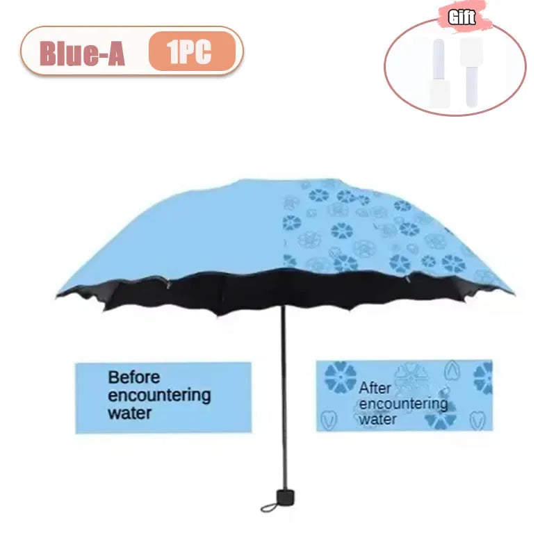Portable Creative Water Flowering Umbrella Manual Black Coating UV Protection Sun Rain Dual Use Folding Parasol Oasis Select metal-fiber composite 8K Blue-A-1PC