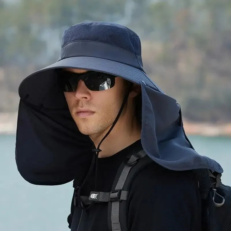 Fishing Hat for Men Summer Outdoor Sun Protection Cap with Neck Flap Wide Brim Fisherman Hat for Hiking Camping Beach Oasis Select Deep Grey-1PC