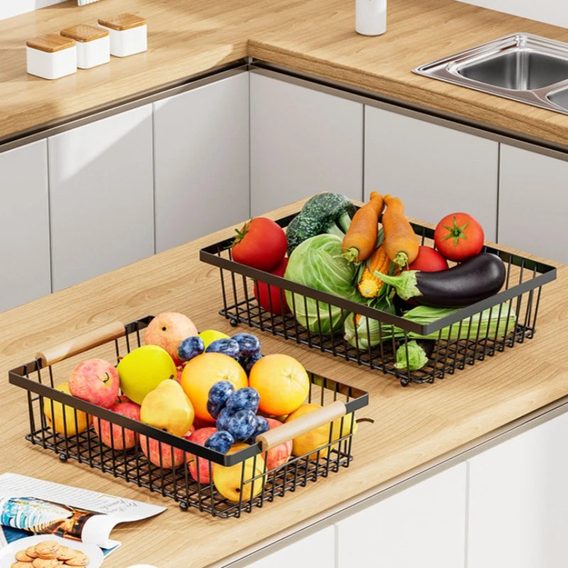 Kitchen Fruit Shelf Living Room Double-layer Removable Storage Rack Tray Wooden Handle Portable Vegetable and Fruit Basket Oasis Select