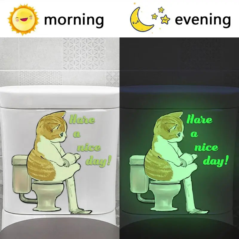 1PC Funny Cat Sticker Glow in the Dark Cat Squatting Toilet Decal English Slogan Toilet Sticker Self-Adhesive Sticker Home Decor Oasis Select