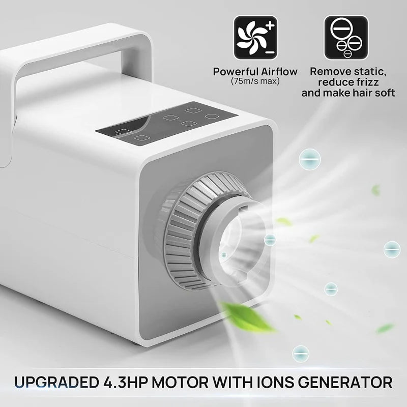 Lonic High Velocity Pet Hair Dryer 4.3HP Adjustable Heating Speed Dog Cat Blower LCD Digital Display Touch Control 4 Nozzles Oasis Select