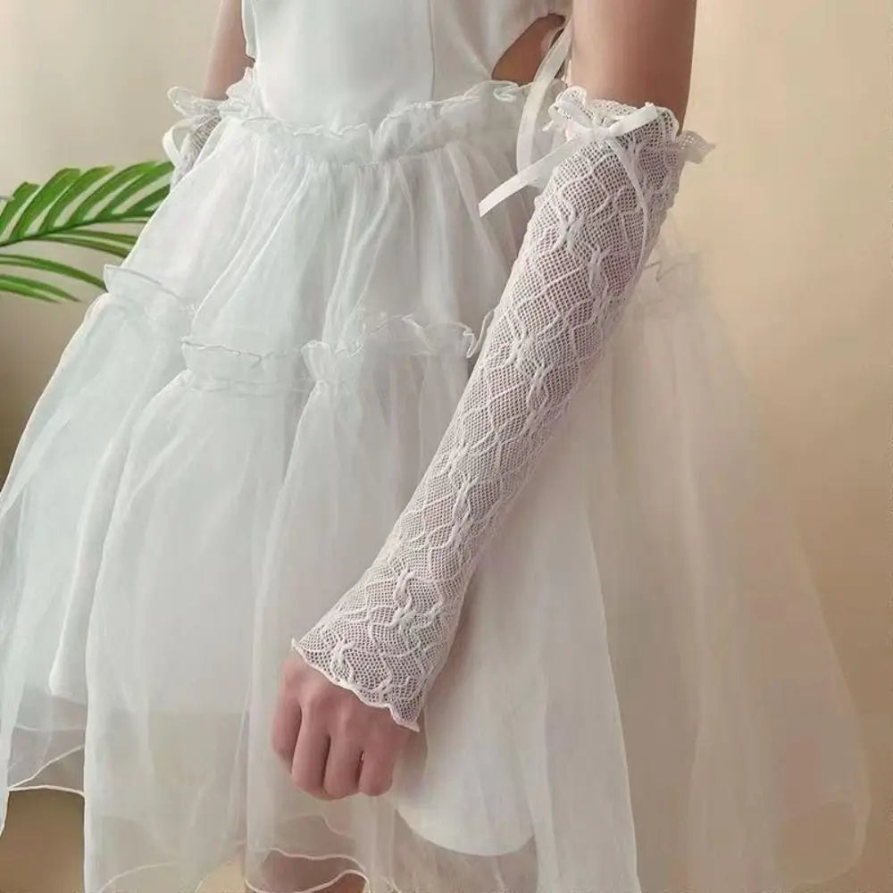 Kawaii Lace Ruffle Arm Sleeves Fishnet Design Elastic Cuff Lace Gloves Bowknot Strapping Fingerless Gloves Girl Oasis Select