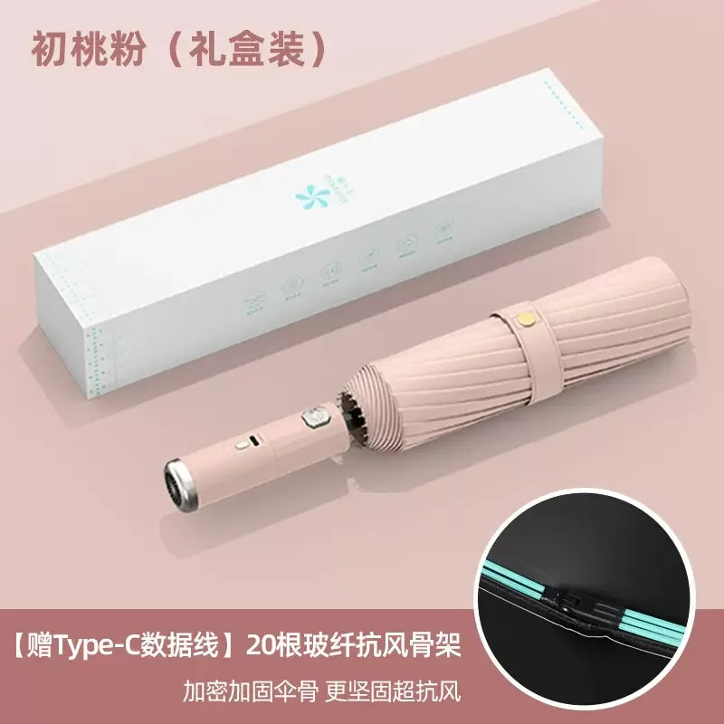 Come with fan umbrella ten bones automatic folding sunblock shade double cooling rain and sunshine fan umbrella Oasis Select Pink