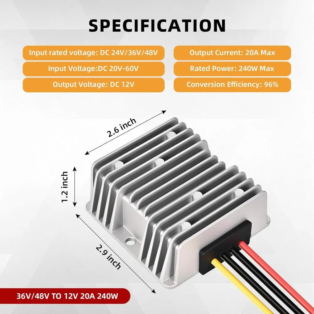 36V 48V Step Down to 12V Converter 20A Voltage Regulator with Fuse Waterproof Voltage Reducer for Golf Cart Club Car LED Lights Oasis Select