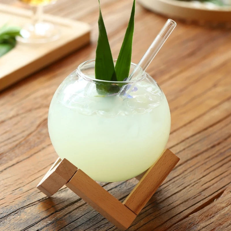 Creative Spherical Glass Cup with Wood Stand Straw Wine Cocktail Coffee Glass Cup Transparent Moon Ball Cold Drinking Juice Cups Oasis Select