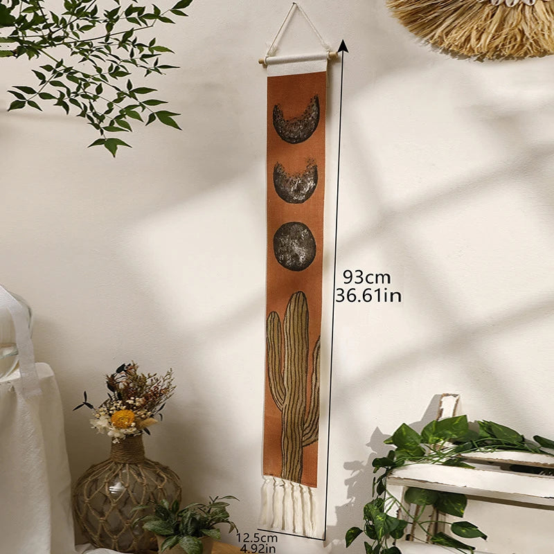 Handwoven Sun and Moon Cactus Tassel Tapestry Simple Studio Bedroom Living Room Background Wall Decoration Wall Decor Oasis Select M01588