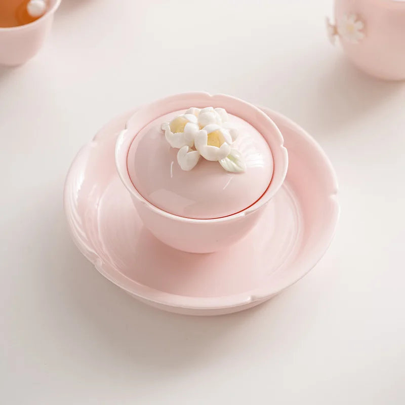 Peach Pink Pinch Flower Sancai Gaiwan Tea Cup Single High-end Handmade Household Ceramic Kung Fu Tea Set Tea Bowl Large Size Oasis Select