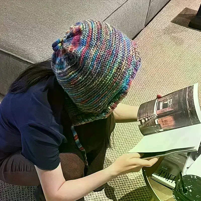 Rainbow Striped Knit Beanie Hat – Women's Winter Ear Warm Cap